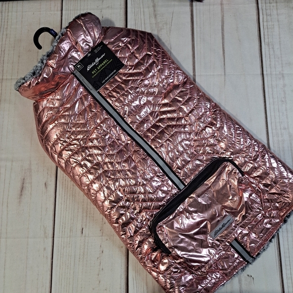 Eddie Bauer Dog Jacket Sherpa Lined,  Pink Metallic Quilted Sz XL - Picture 1 of 10
